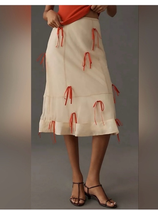 Anthropologie Dresses & Skirts - Cream Midi Skirt with red Tie Details